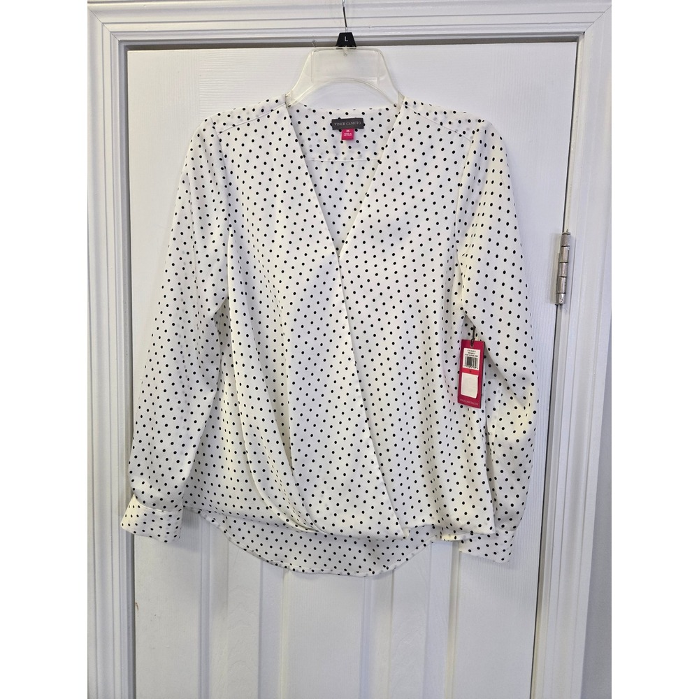 Vince Camuto Polka Dot Wrap Blouse Pearl Ivory XS Long Sleeve V-Neck NEW Preppy